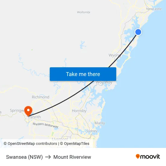 Swansea (NSW) to Mount Riverview map