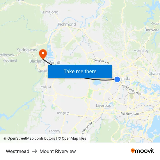 Westmead to Mount Riverview map