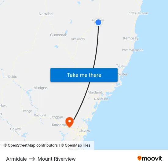Armidale to Mount Riverview map