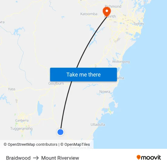 Braidwood to Mount Riverview map