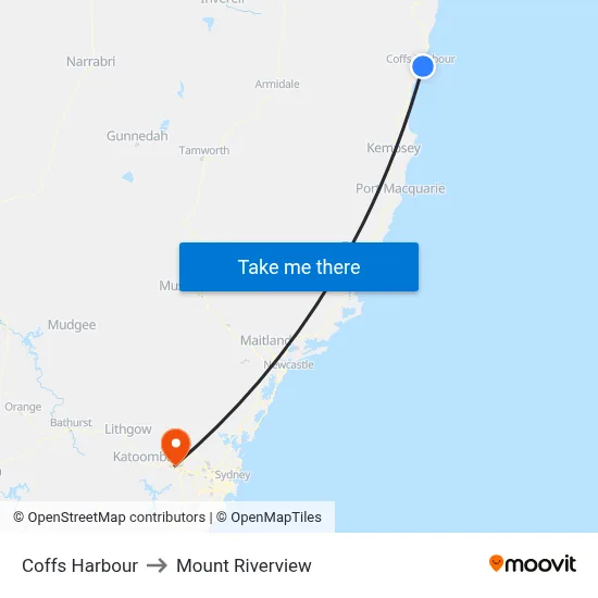 Coffs Harbour to Mount Riverview map