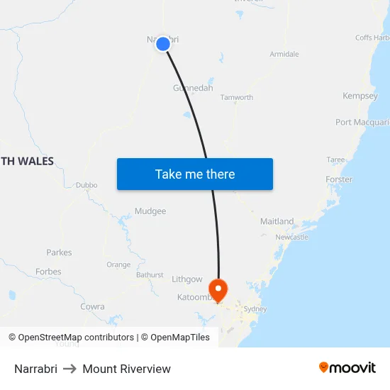 Narrabri to Mount Riverview map