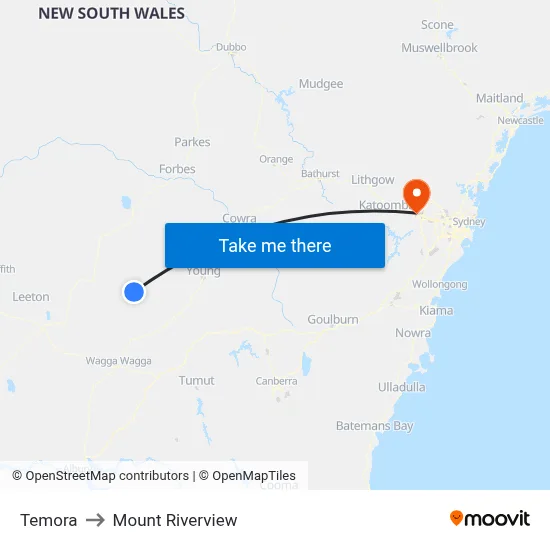 Temora to Mount Riverview map