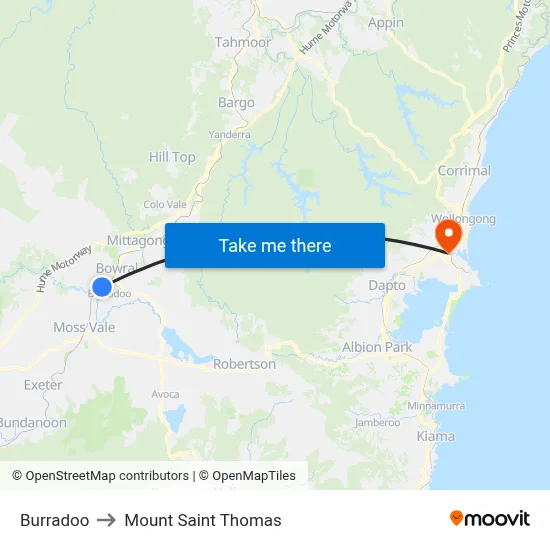 Burradoo to Mount Saint Thomas map