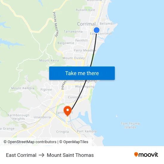 East Corrimal to Mount Saint Thomas map
