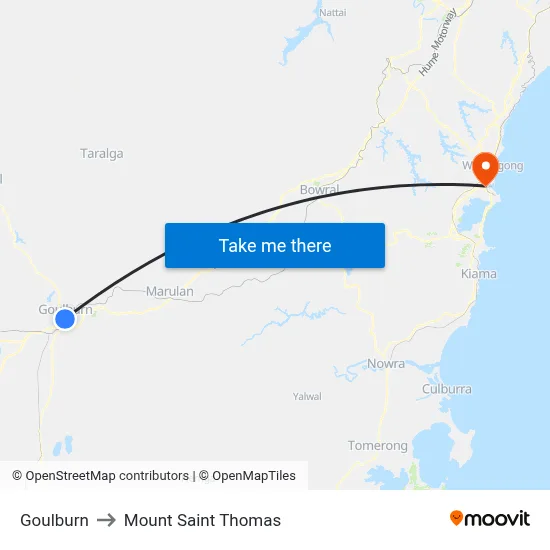Goulburn to Mount Saint Thomas map