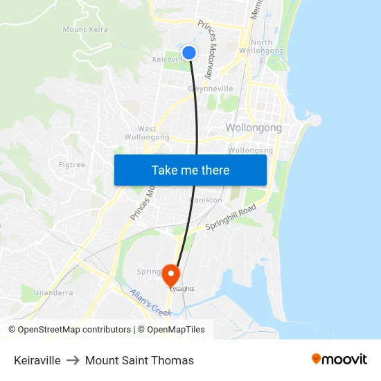 Keiraville to Mount Saint Thomas map