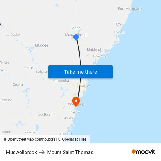 Muswellbrook to Mount Saint Thomas map