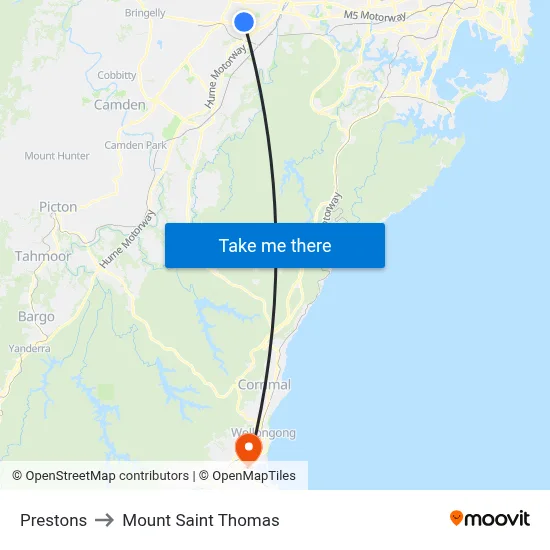 Prestons to Mount Saint Thomas map