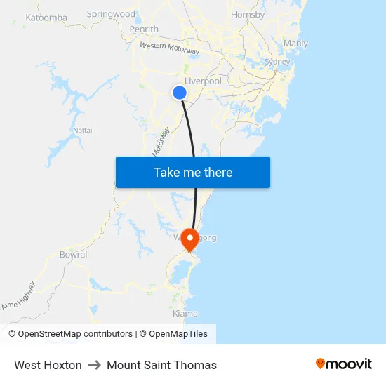 West Hoxton to Mount Saint Thomas map