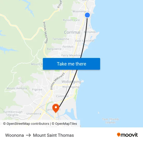 Woonona to Mount Saint Thomas map