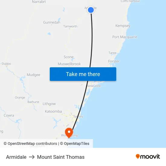 Armidale to Mount Saint Thomas map