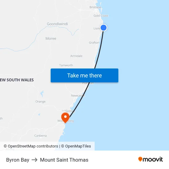 Byron Bay to Mount Saint Thomas map