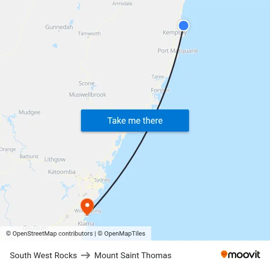 South West Rocks to Mount Saint Thomas map