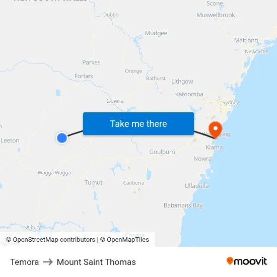 Temora to Mount Saint Thomas map