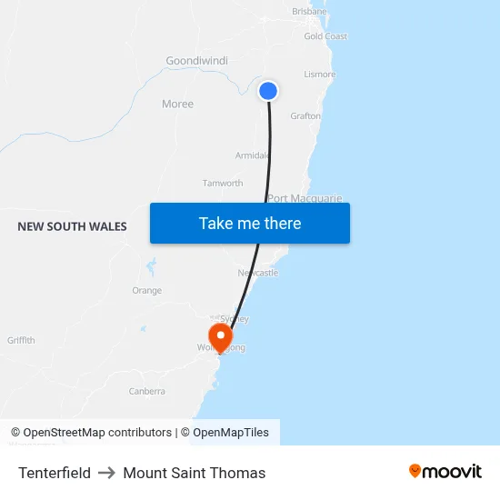Tenterfield to Mount Saint Thomas map