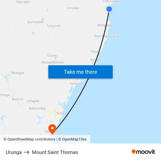 Urunga to Mount Saint Thomas map