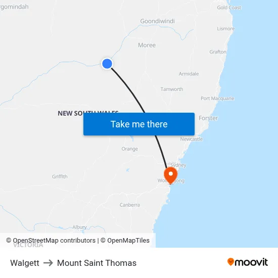 Walgett to Mount Saint Thomas map