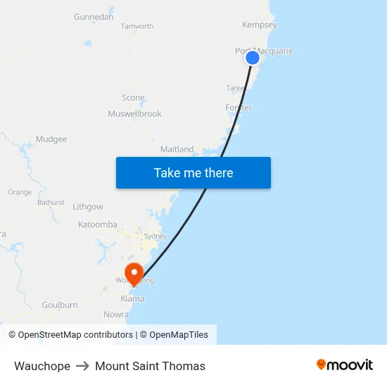 Wauchope to Mount Saint Thomas map