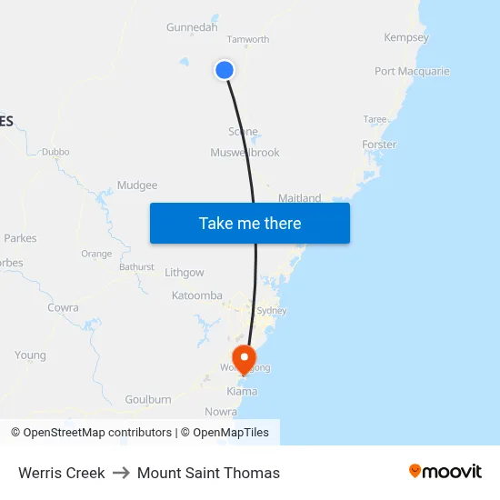 Werris Creek to Mount Saint Thomas map