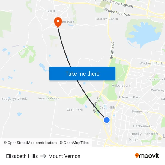 Elizabeth Hills to Mount Vernon map