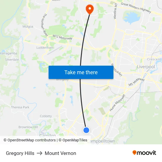 Gregory Hills to Mount Vernon map