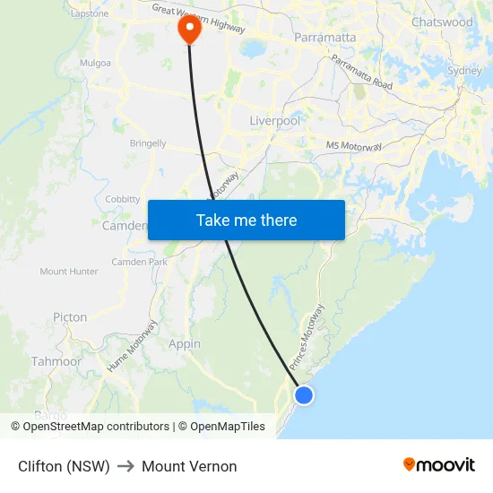 Clifton (NSW) to Mount Vernon map