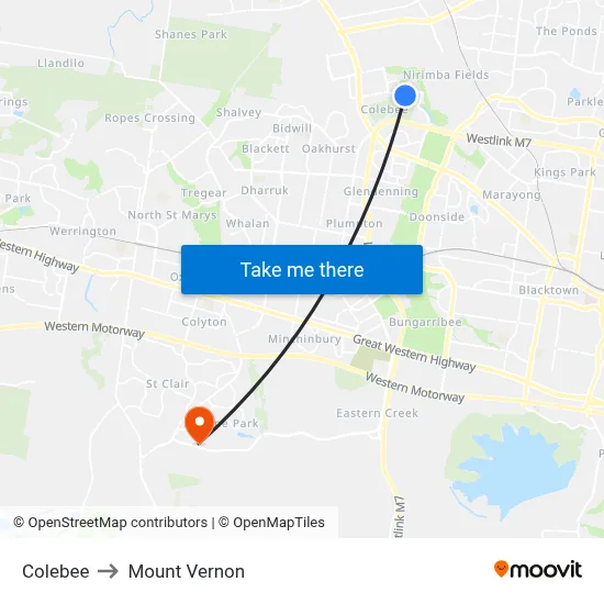 Colebee to Mount Vernon map