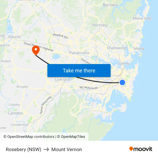 Rosebery (NSW) to Mount Vernon map