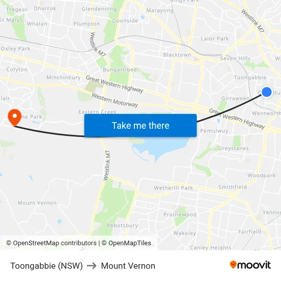 Toongabbie (NSW) to Mount Vernon map