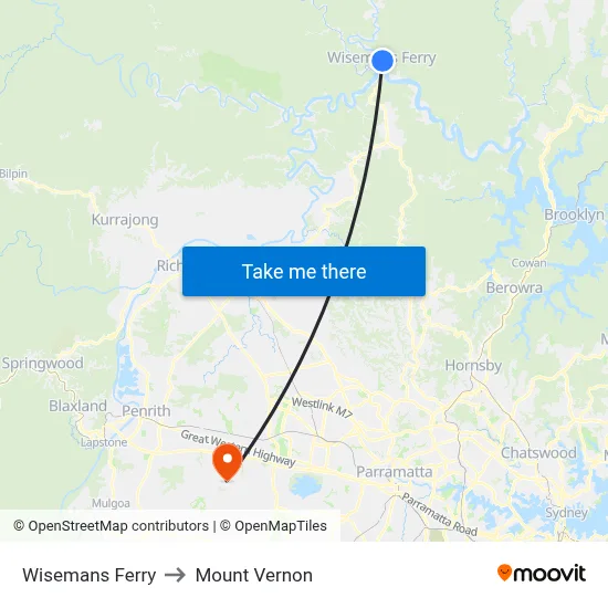 Wisemans Ferry to Mount Vernon map