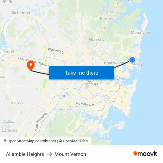 Allambie Heights to Mount Vernon map