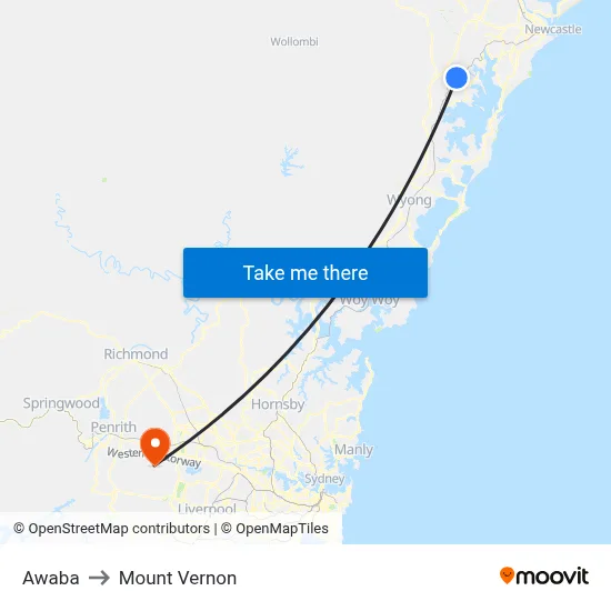 Awaba to Mount Vernon map