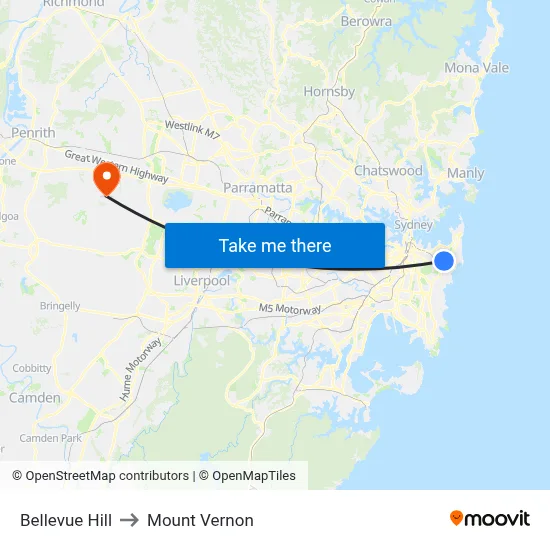 Bellevue Hill to Mount Vernon map