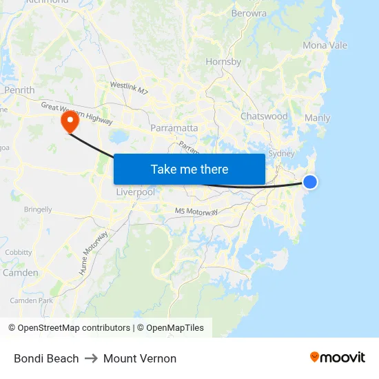 Bondi Beach to Mount Vernon map