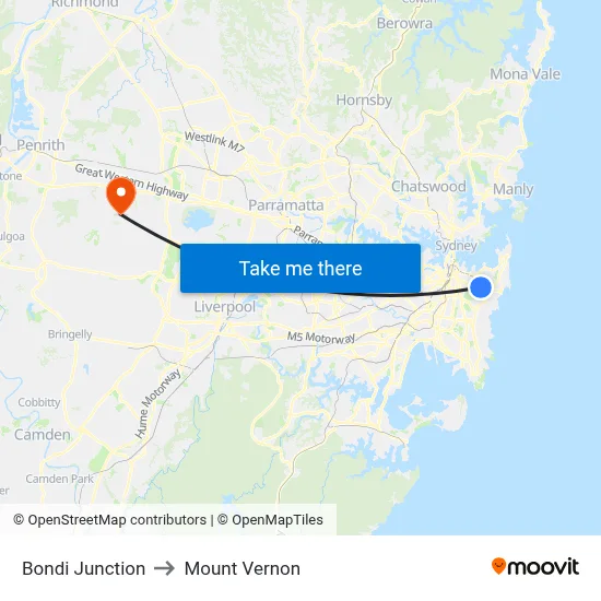 Bondi Junction to Mount Vernon map