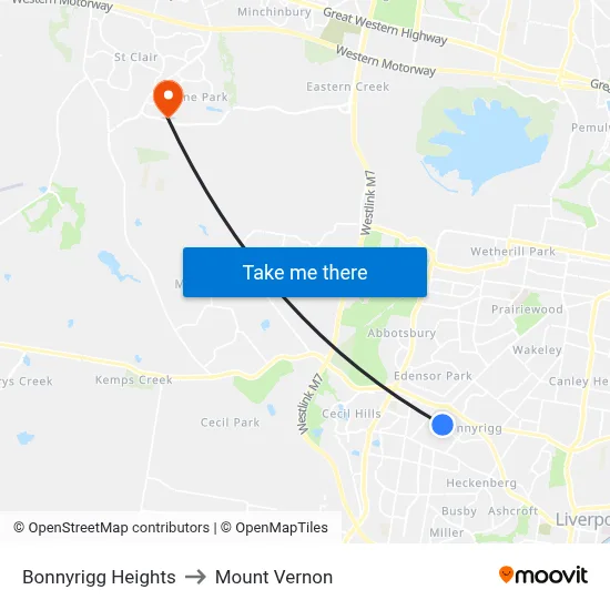 Bonnyrigg Heights to Mount Vernon map