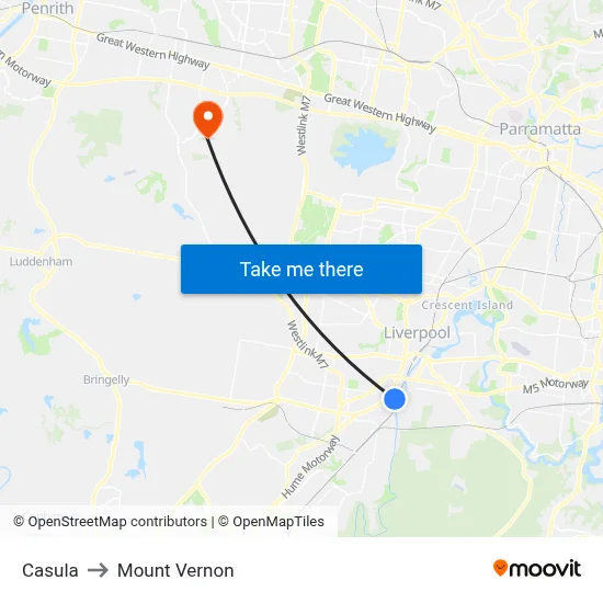 Casula to Mount Vernon map