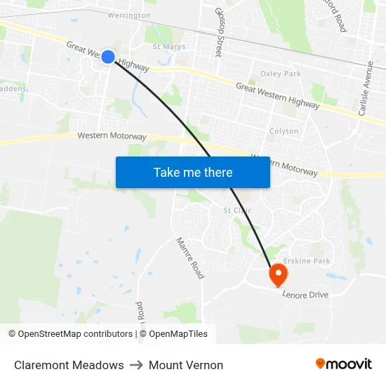Claremont Meadows to Mount Vernon map