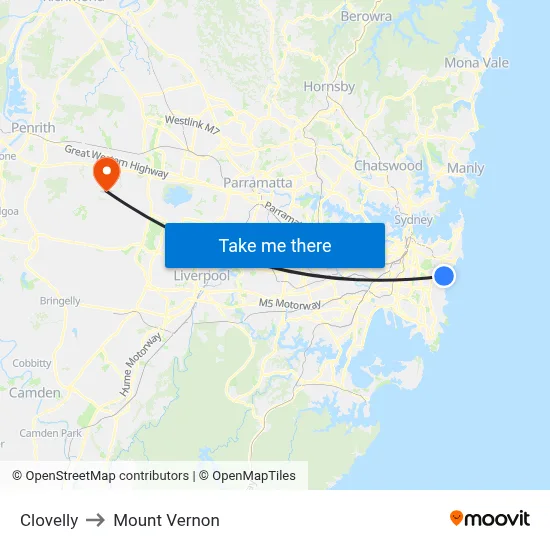 Clovelly to Mount Vernon map