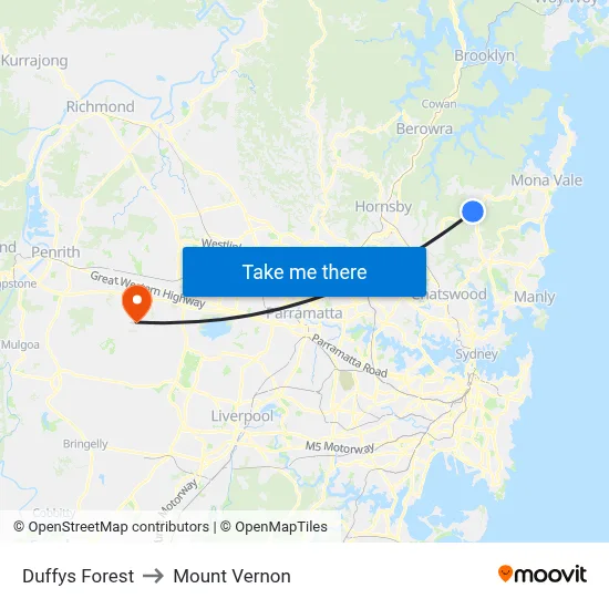 Duffys Forest to Mount Vernon map