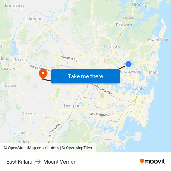 East Killara to Mount Vernon map