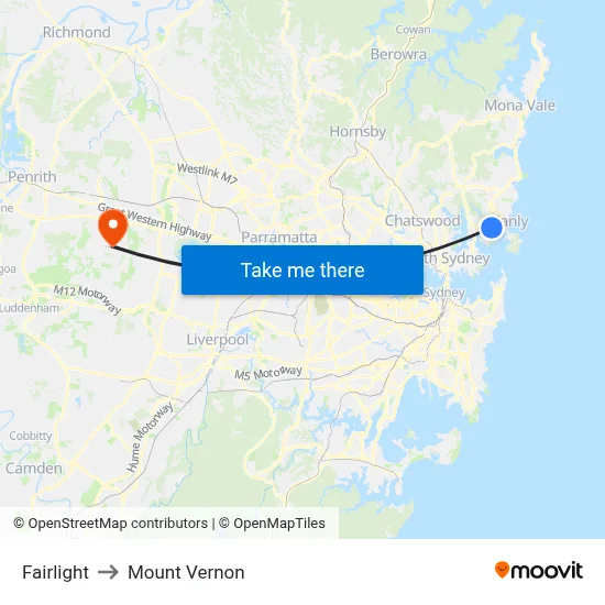 Fairlight to Mount Vernon map