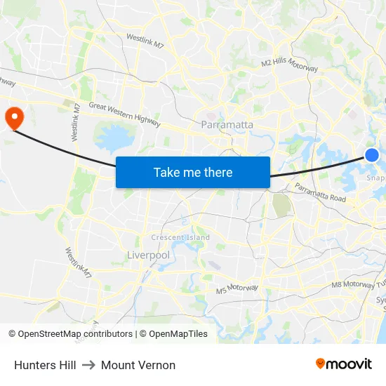 Hunters Hill to Mount Vernon map