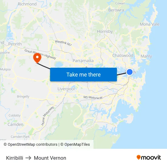 Kirribilli to Mount Vernon map