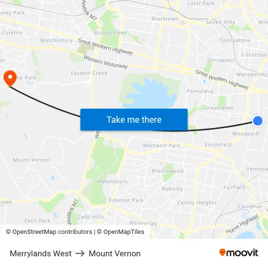 Merrylands West to Mount Vernon map