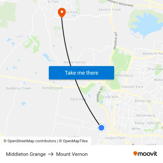 Middleton Grange to Mount Vernon map