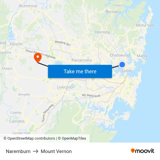 Naremburn to Mount Vernon map