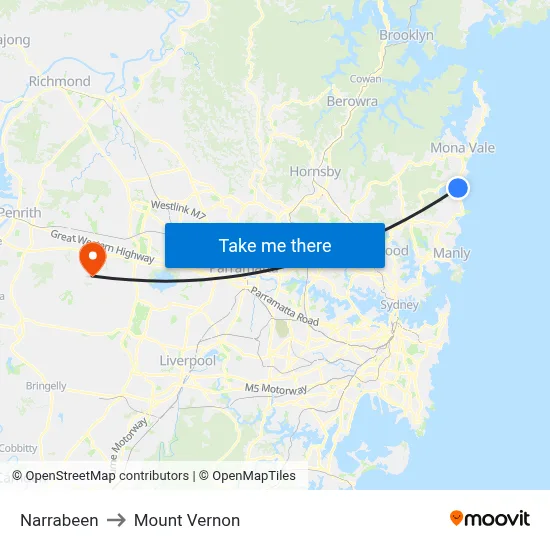 Narrabeen to Mount Vernon map