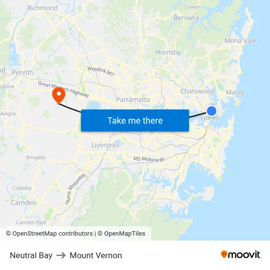 Neutral Bay to Mount Vernon map